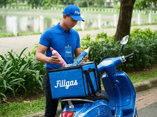 Entregador da Fillgas guardando um cilindro azul e um rosa na mochila da moto