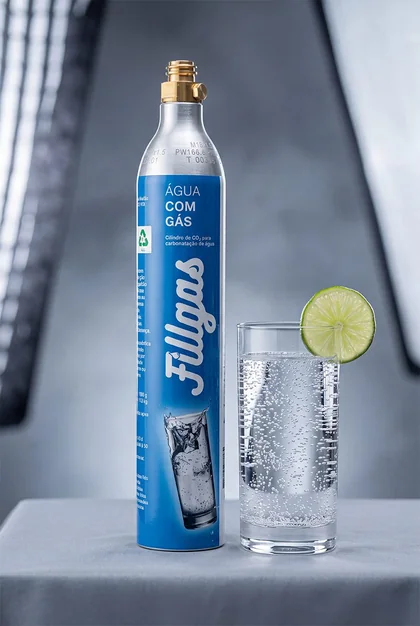Cilindro de CO₂ azul da Fillgas ao lado de um copo de água com gás